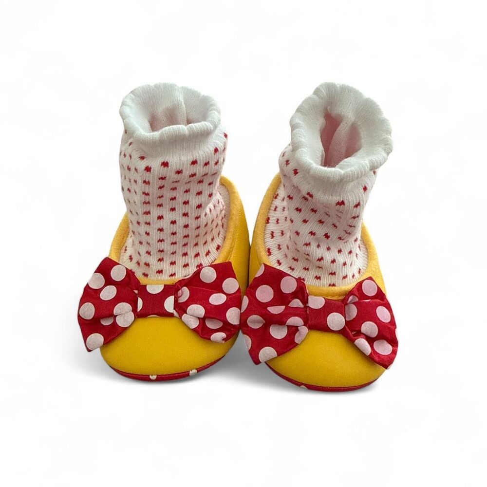 Disney Minnie Mouse Baby Crib Shoes with Socks – Yellow & Red Polka Dot Bow